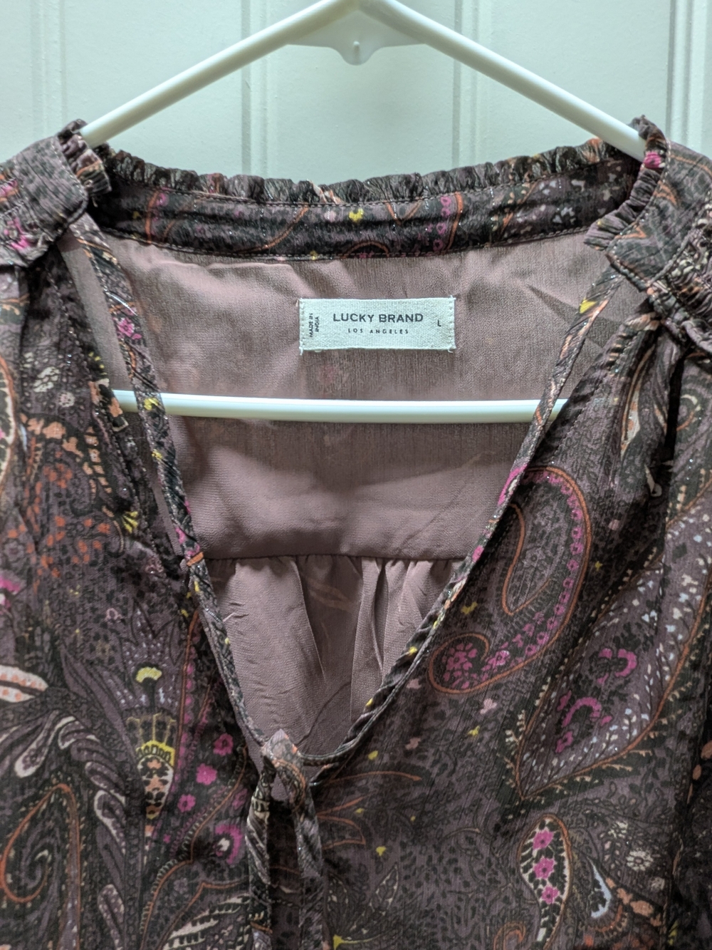 Lucky Brand Paisley V-Neck Peasant Blouse — Mauve & Pink Accents